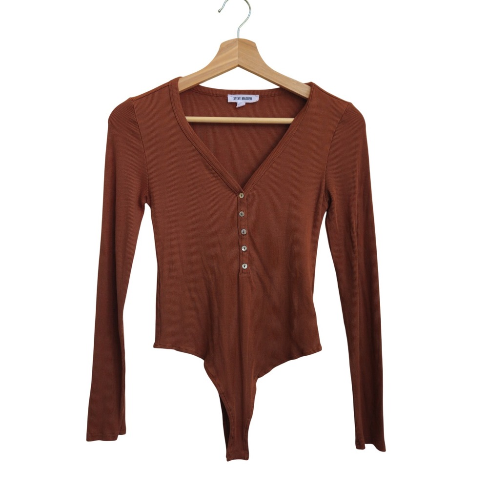 Steve Madden Ribbed Henley V-Neck Long Sleeve Rust Brown Bodysuit Size Small